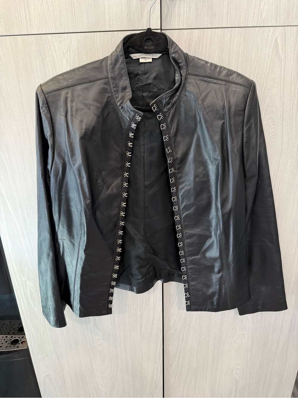 Peter Nygard Black Leather Hook-Trim Jacket